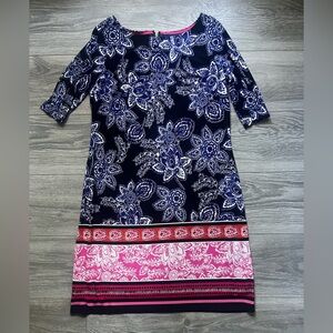 Eliza J Navy White Pink Paisley 3/4 Sleeve Knee Length Shift Dress Size 12 Work